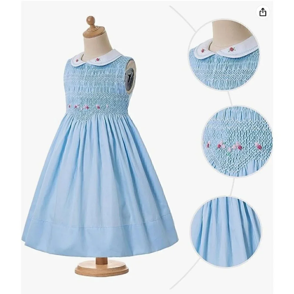 Solid Blue Smocked Dress Pink Rose Embroidery Peter Pan Collar & Sock Bundle